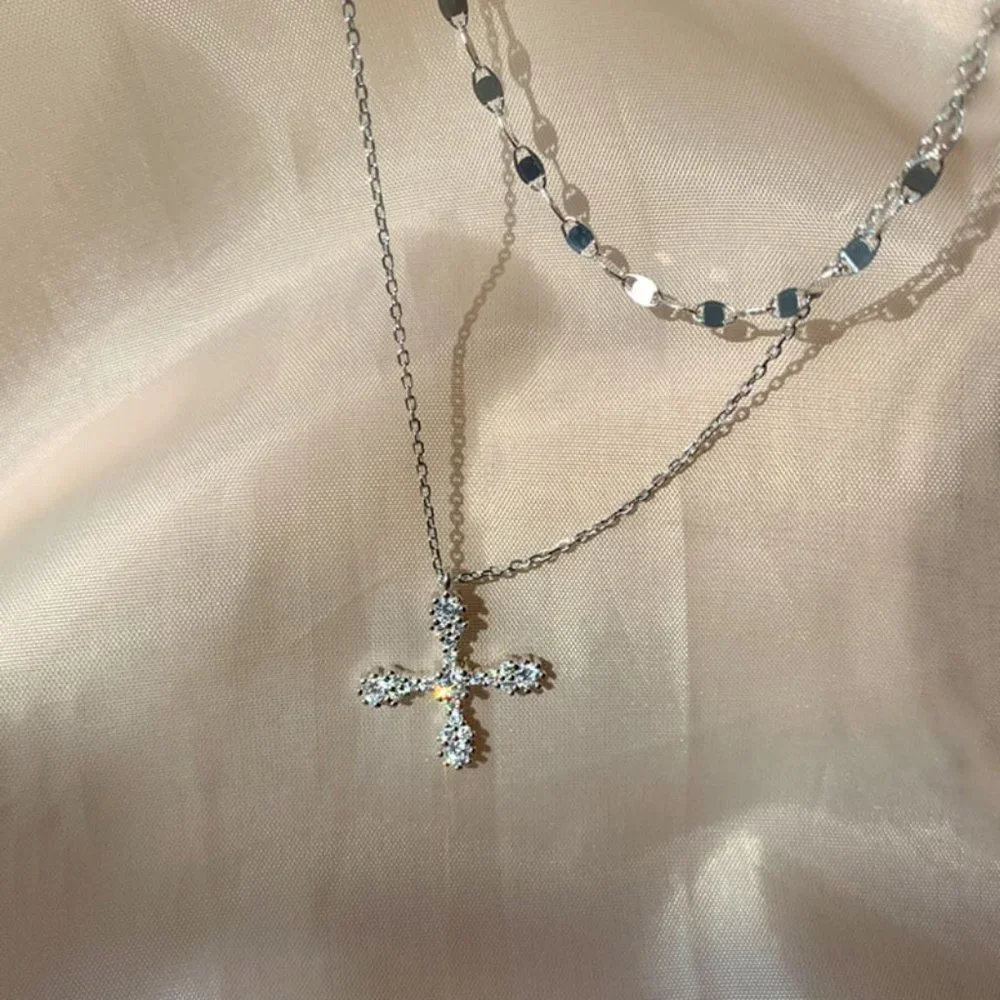 #NEW 925 Sterling Silver Diamond Cross Double Layer Necklace